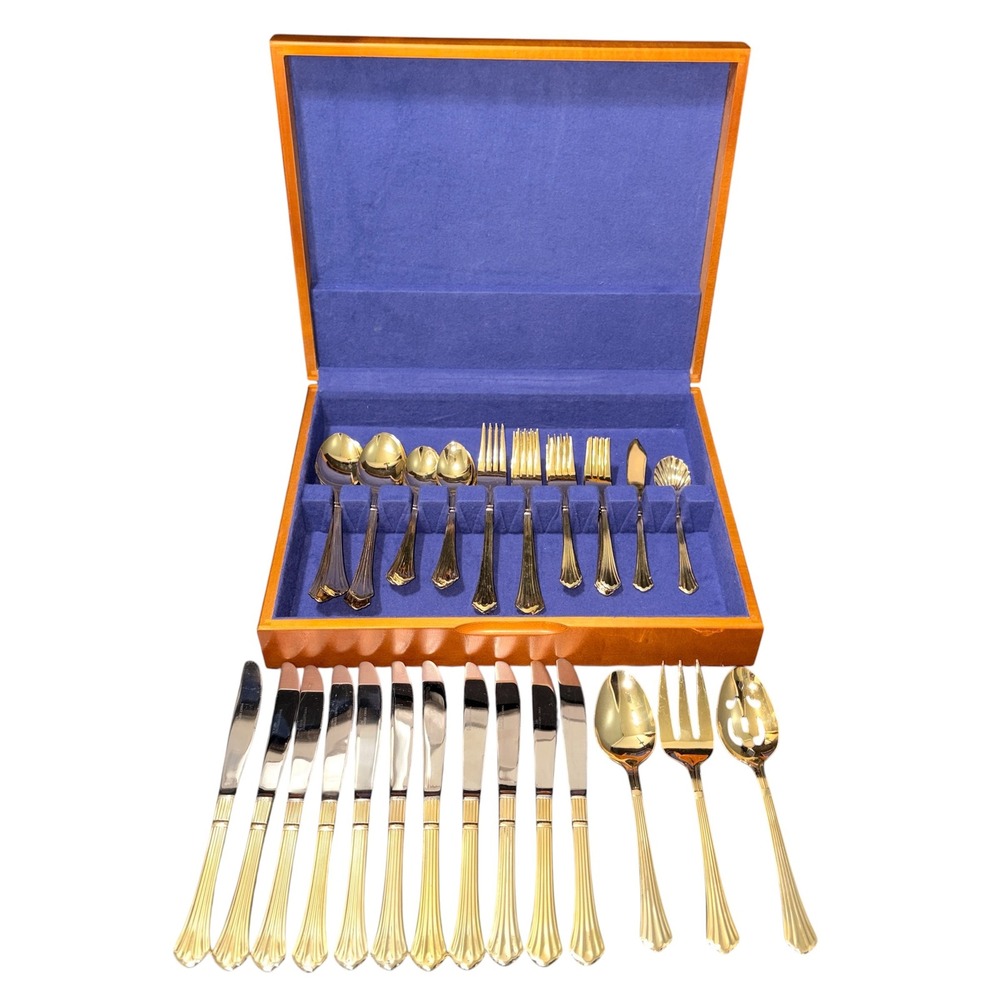 Hanford F. LTD Gold Plated Stainless Flatware Set 61pc Ribbed Handle Wood Case